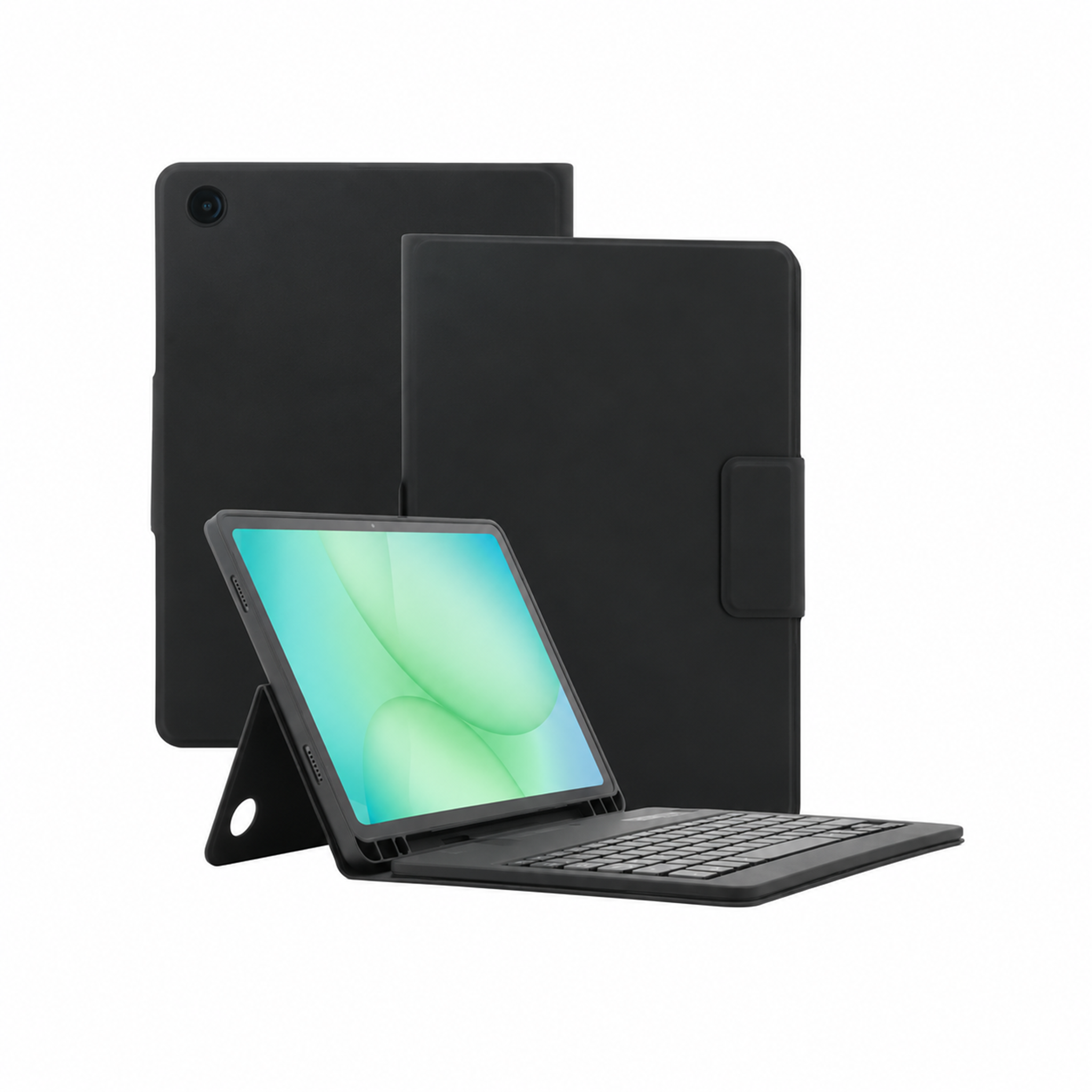 Samsung Galaxy Tab A11+ in schwarzer Tastaturhülle, geöffnet mit Tastatur und geschlossen daneben.
